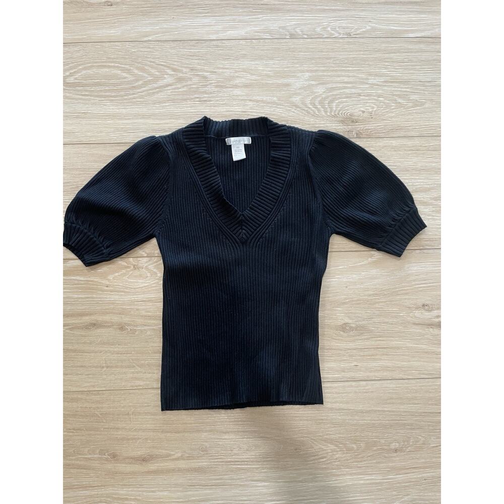 Design History Black Ribbed Women’s XS Short Sleeve Blouse V Neck Puff Slimming